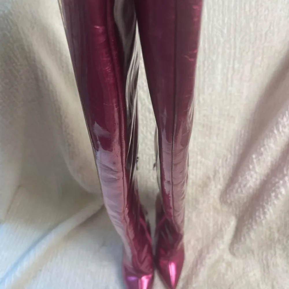 Azalea Wang synthetic Patent metallic Pink/Fuchsia thigh high heel boots SZ 7